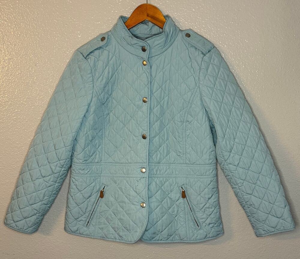 Talbots Quilted Long Sleeve Coat Size Large Petite Light Blue